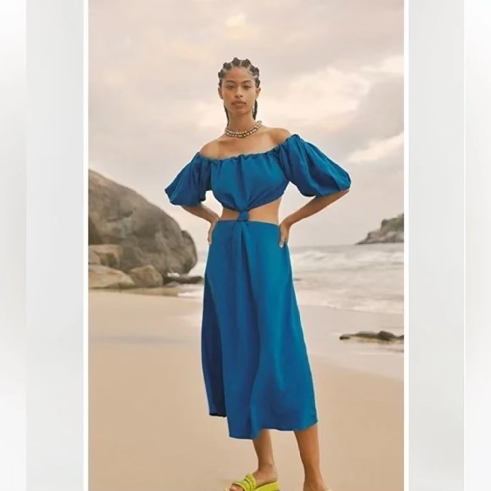 New Farm Rio Linen Blend Midi Knot Dress Blue Cut-Out XS